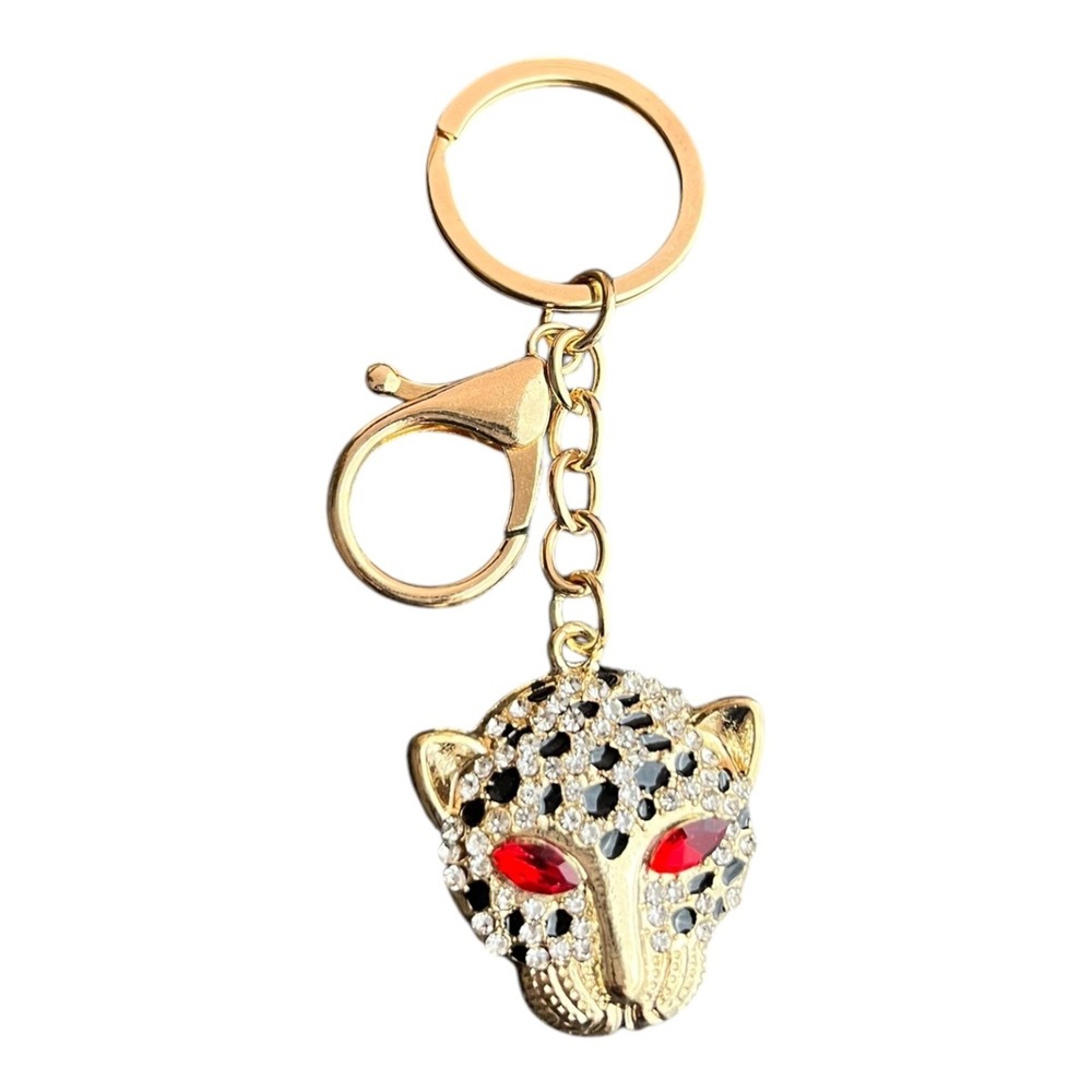 Women's Gold Tone Leopard Panther Head Key Chain Red Eyes Rhinestone Crystal